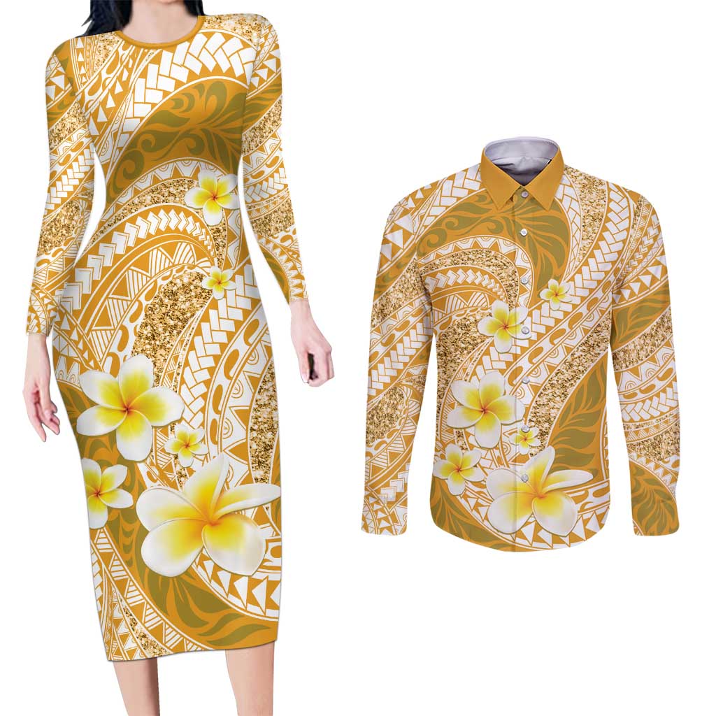 Plumeria Polynesian Gold Glitter Pattern Couples Matching Long Sleeve Bodycon Dress and Long Sleeve Button Shirt LT01 Gold - Polynesian Pride
