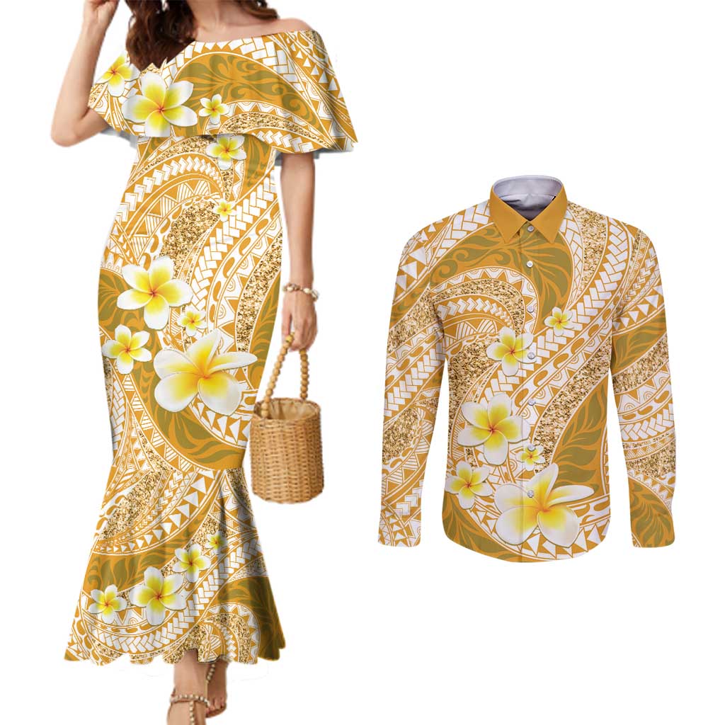 Plumeria Polynesian Gold Glitter Pattern Couples Matching Mermaid Dress and Long Sleeve Button Shirt LT01 Gold - Polynesian Pride