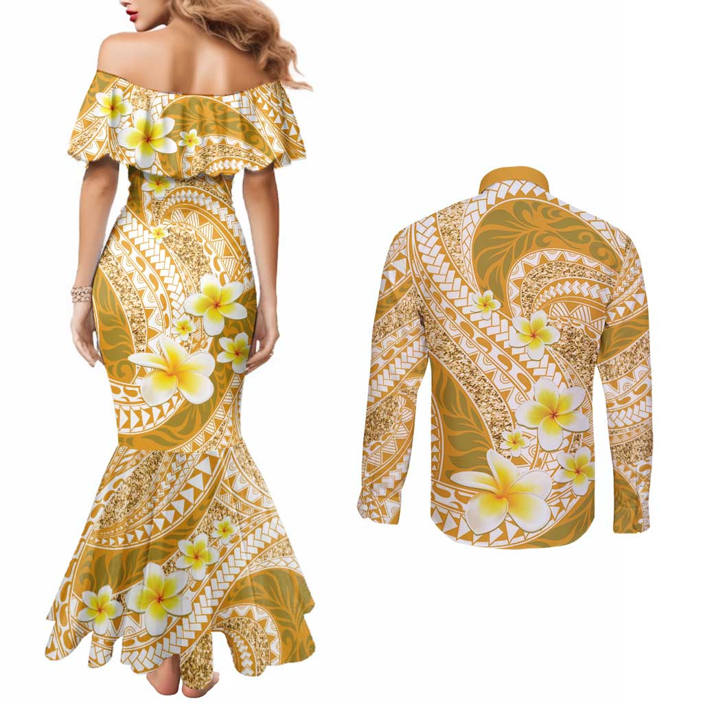 Plumeria Polynesian Gold Glitter Pattern Couples Matching Mermaid Dress and Long Sleeve Button Shirt