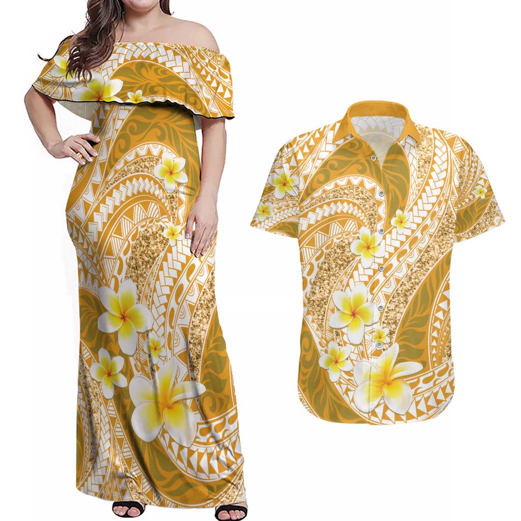 Plumeria Polynesian Gold Glitter Pattern Couples Matching Off Shoulder Maxi Dress and Hawaiian Shirt LT01 Gold - Polynesian Pride