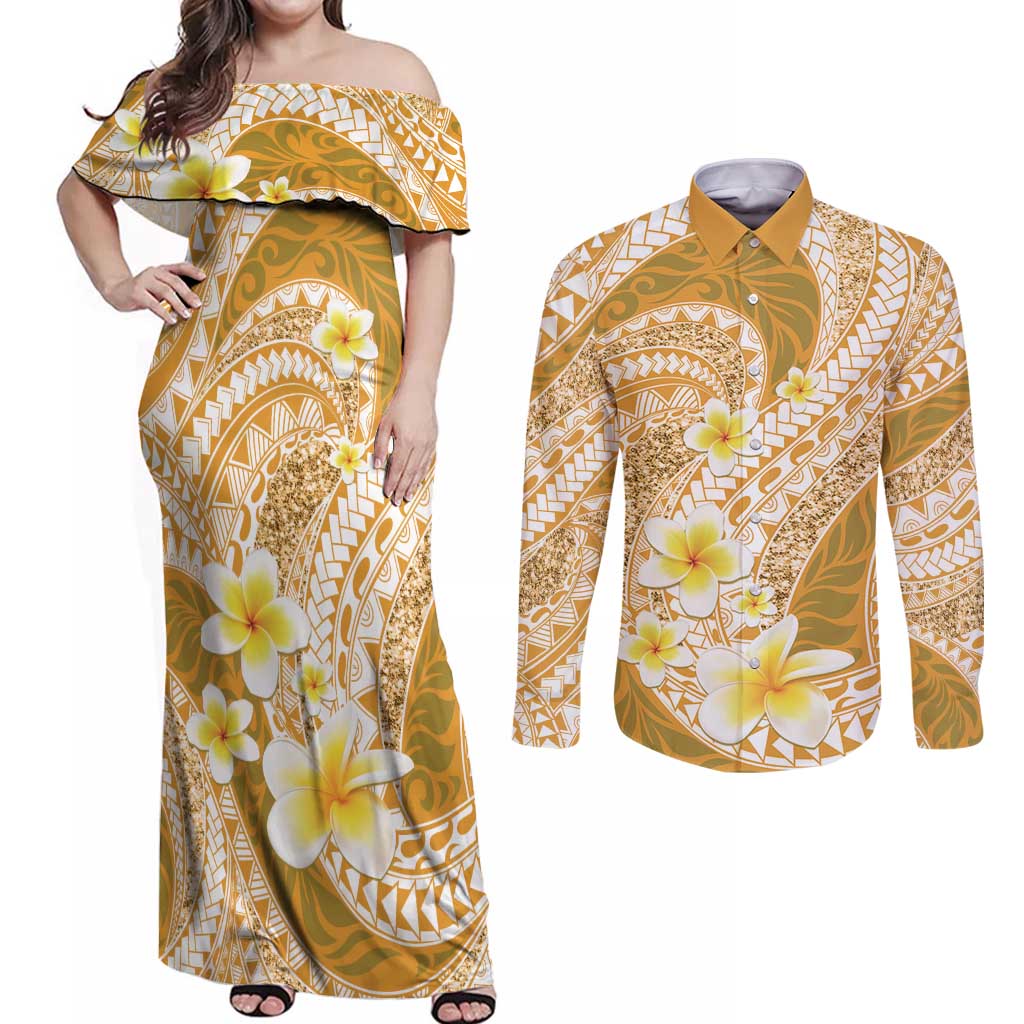 Plumeria Polynesian Gold Glitter Pattern Couples Matching Off Shoulder Maxi Dress and Long Sleeve Button Shirt LT01 Gold - Polynesian Pride