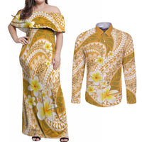 Plumeria Polynesian Gold Glitter Pattern Couples Matching Off Shoulder Maxi Dress and Long Sleeve Button Shirt