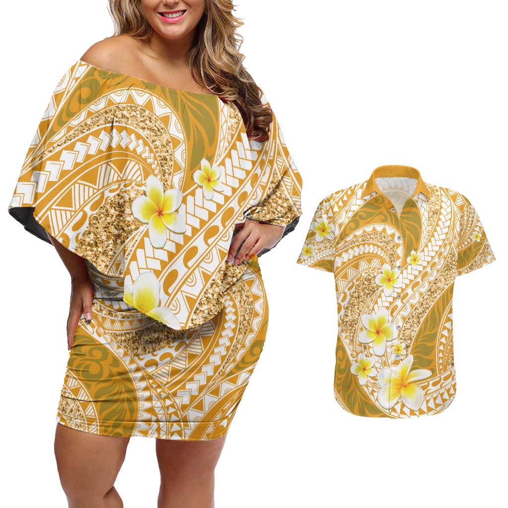 Plumeria Polynesian Gold Glitter Pattern Couples Matching Off Shoulder Short Dress and Hawaiian Shirt LT01 Gold - Polynesian Pride