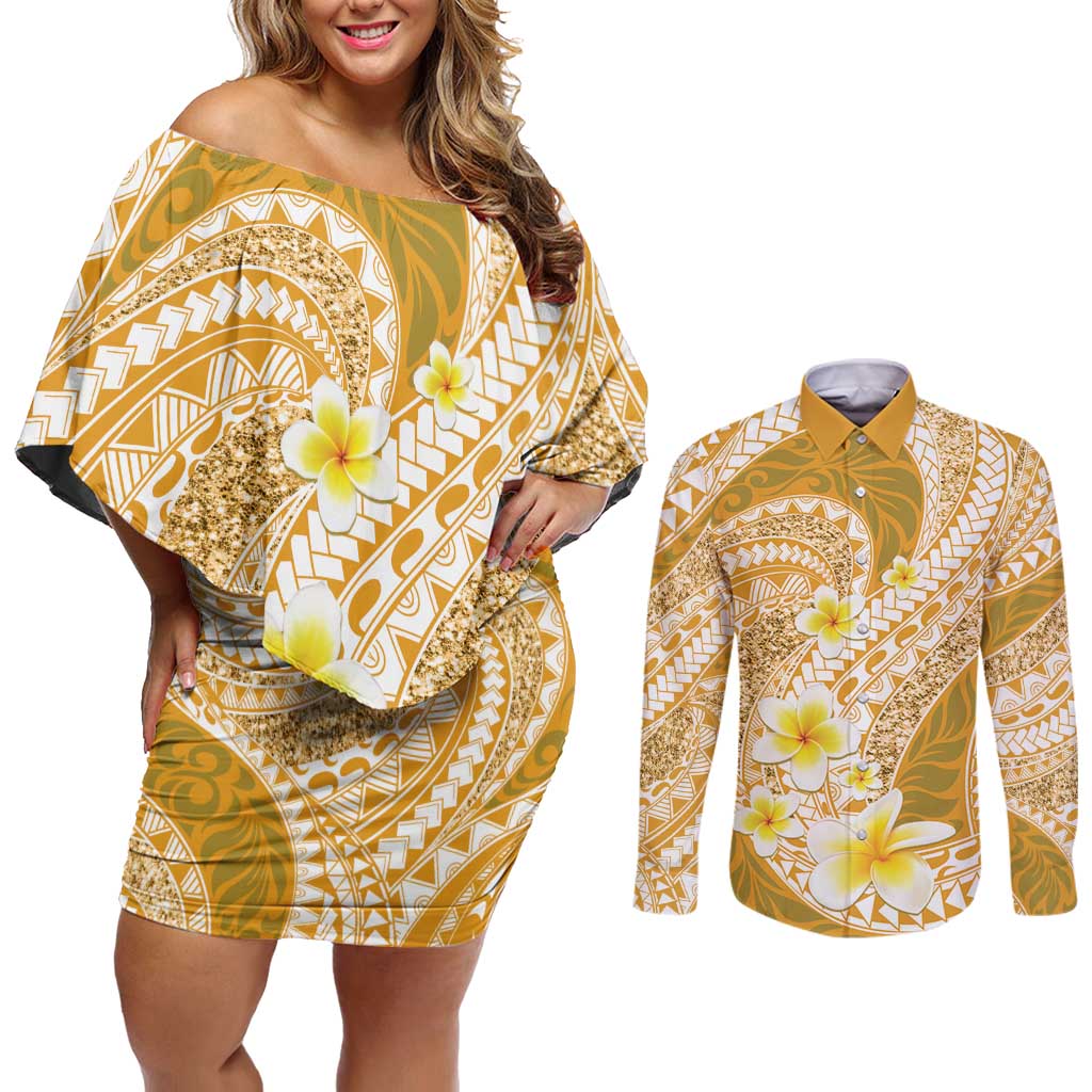 Plumeria Polynesian Gold Glitter Pattern Couples Matching Off Shoulder Short Dress and Long Sleeve Button Shirt LT01 Gold - Polynesian Pride