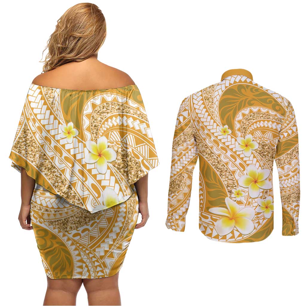 Plumeria Polynesian Gold Glitter Pattern Couples Matching Off Shoulder Short Dress and Long Sleeve Button Shirt
