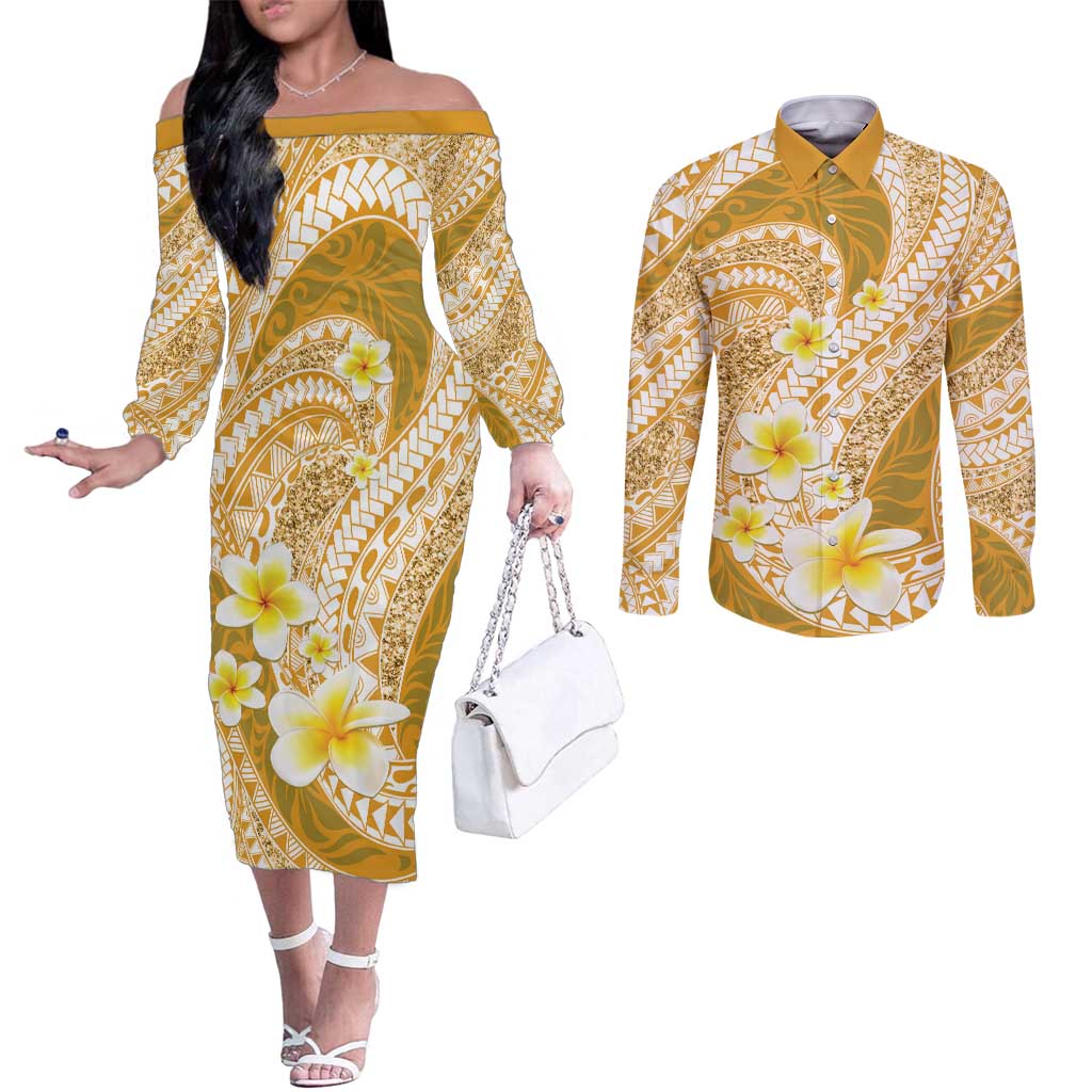 Plumeria Polynesian Gold Glitter Pattern Couples Matching Off The Shoulder Long Sleeve Dress and Long Sleeve Button Shirt LT01 Gold - Polynesian Pride