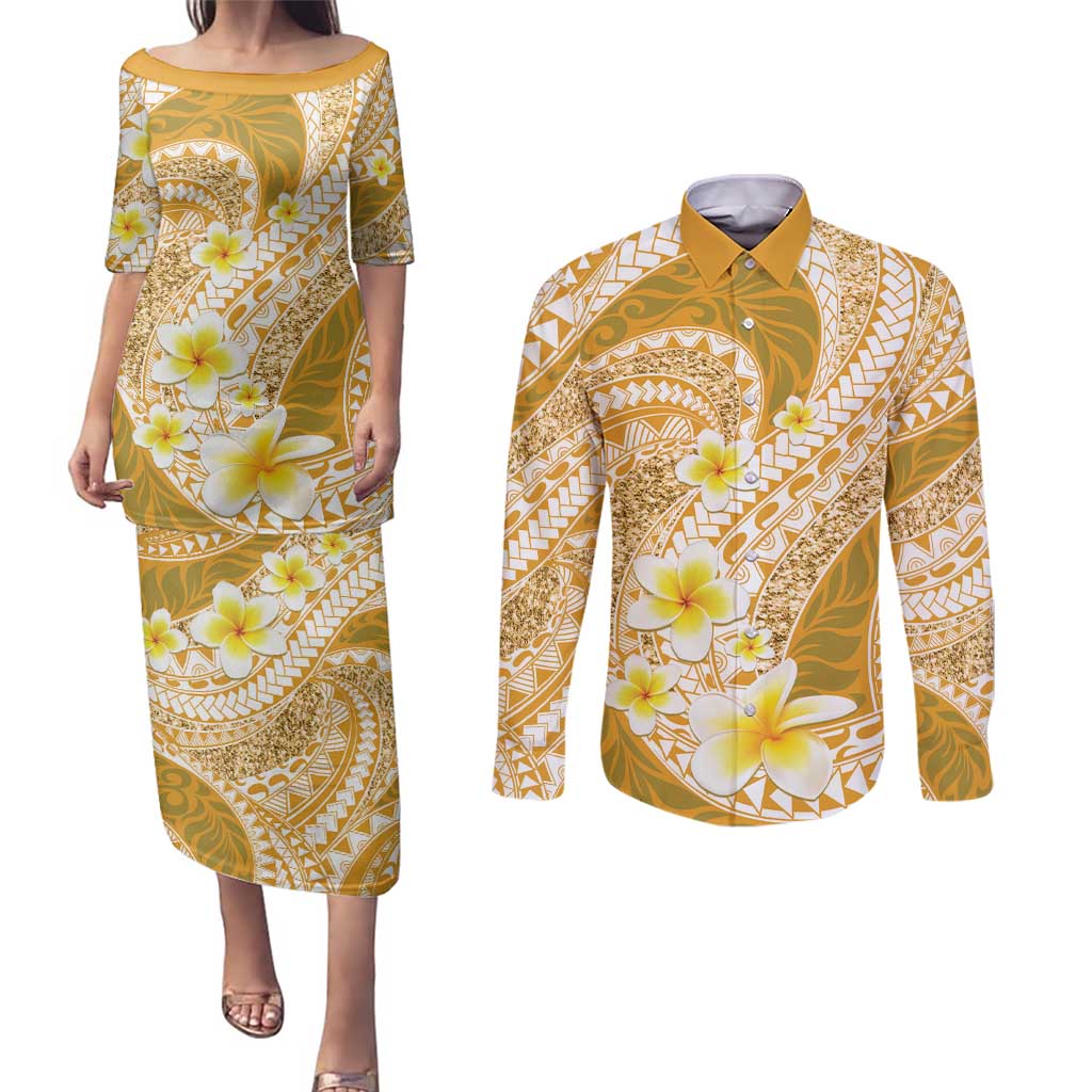 Plumeria Polynesian Gold Glitter Pattern Couples Matching Puletasi and Long Sleeve Button Shirt LT01 Gold - Polynesian Pride
