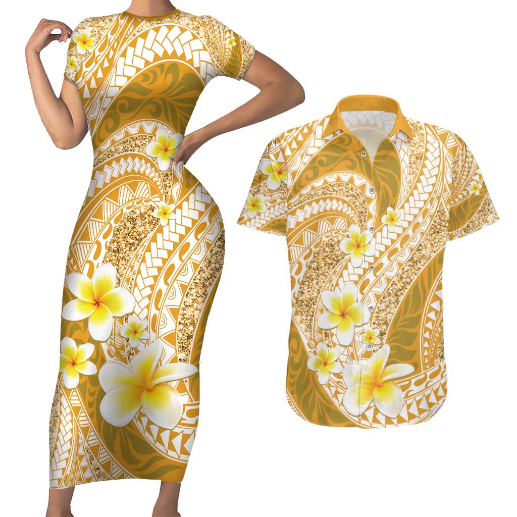 Plumeria Polynesian Gold Glitter Pattern Couples Matching Short Sleeve Bodycon Dress and Hawaiian Shirt LT01 Gold - Polynesian Pride