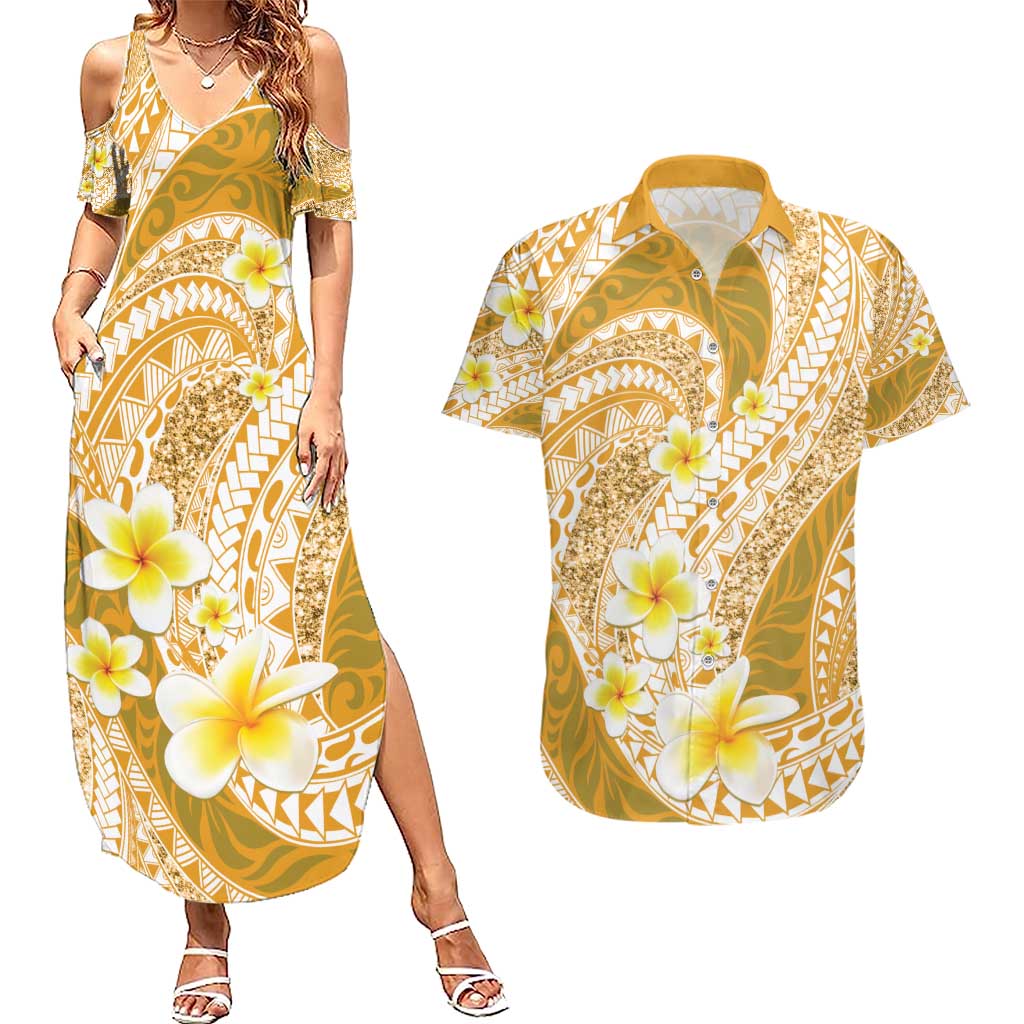 Plumeria Polynesian Gold Glitter Pattern Couples Matching Summer Maxi Dress and Hawaiian Shirt LT01 Gold - Polynesian Pride