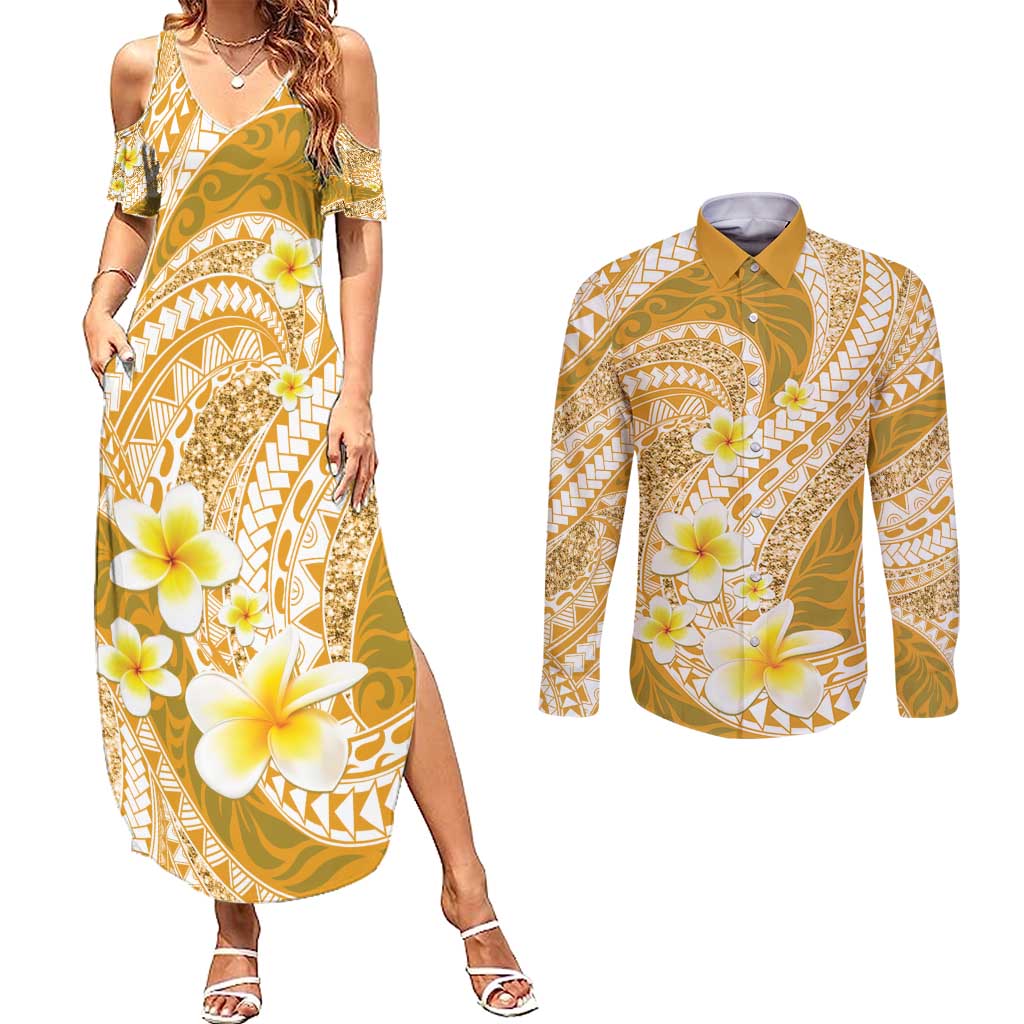 Plumeria Polynesian Gold Glitter Pattern Couples Matching Summer Maxi Dress and Long Sleeve Button Shirt LT01 Gold - Polynesian Pride