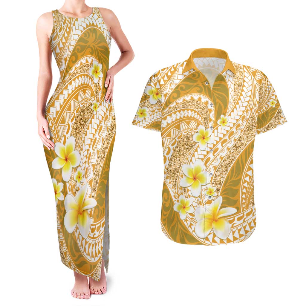 Plumeria Polynesian Gold Glitter Pattern Couples Matching Tank Maxi Dress and Hawaiian Shirt LT01 Gold - Polynesian Pride