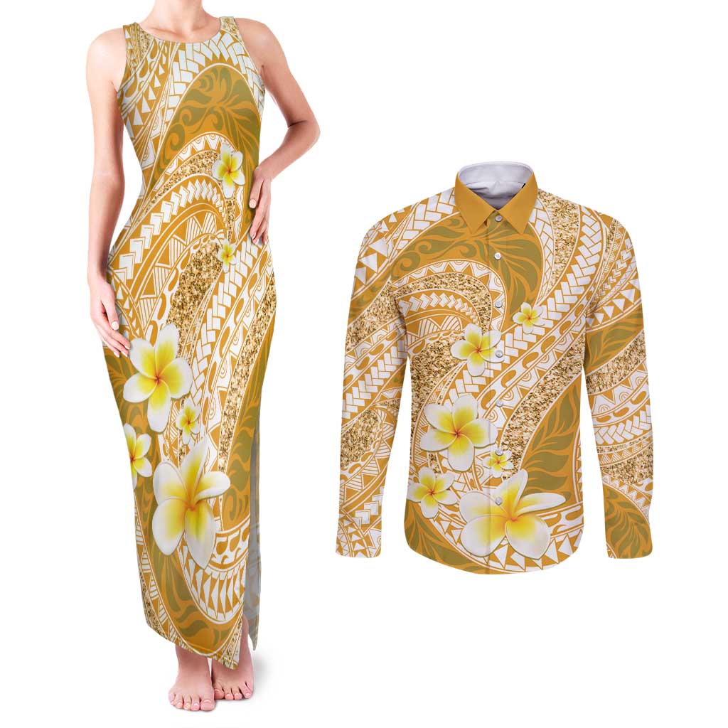 Plumeria Polynesian Gold Glitter Pattern Couples Matching Tank Maxi Dress and Long Sleeve Button Shirt LT01 Gold - Polynesian Pride