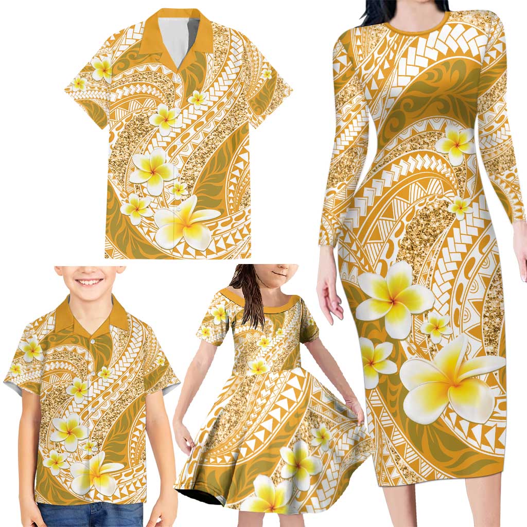 Plumeria Polynesian Gold Glitter Pattern Family Matching Long Sleeve Bodycon Dress and Hawaiian Shirt LT01 - Polynesian Pride