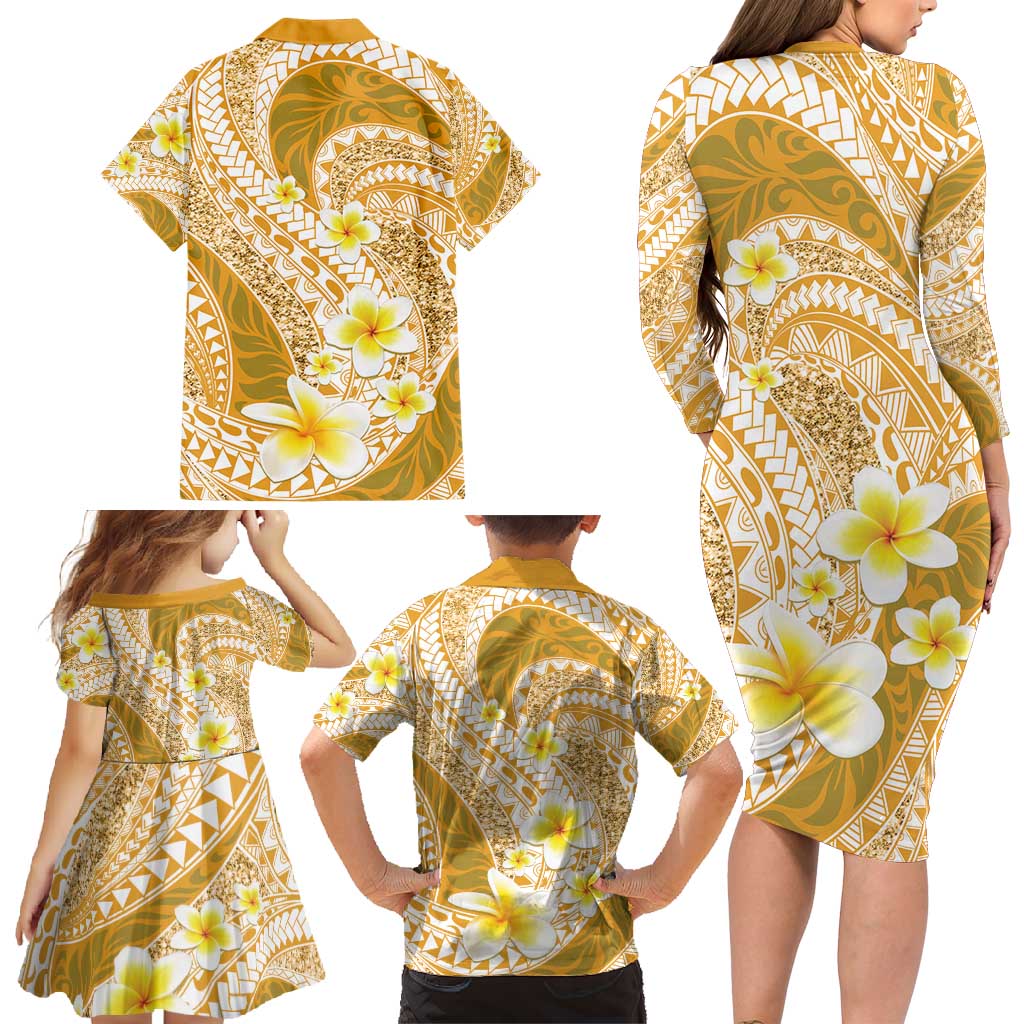 Plumeria Polynesian Gold Glitter Pattern Family Matching Long Sleeve Bodycon Dress and Hawaiian Shirt LT01 - Polynesian Pride