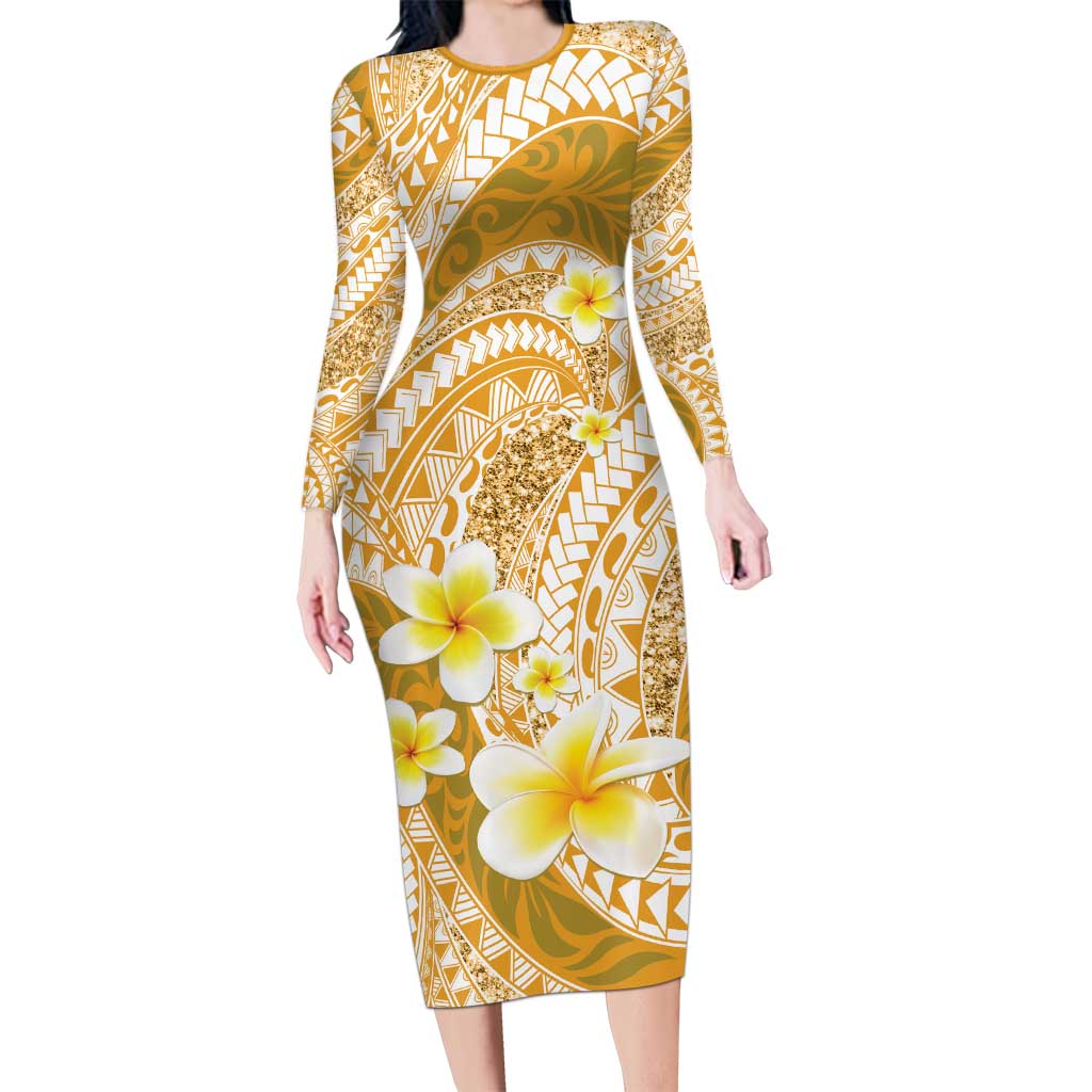 Plumeria Polynesian Gold Glitter Pattern Family Matching Long Sleeve Bodycon Dress and Hawaiian Shirt LT01 Mom's Dress Gold - Polynesian Pride