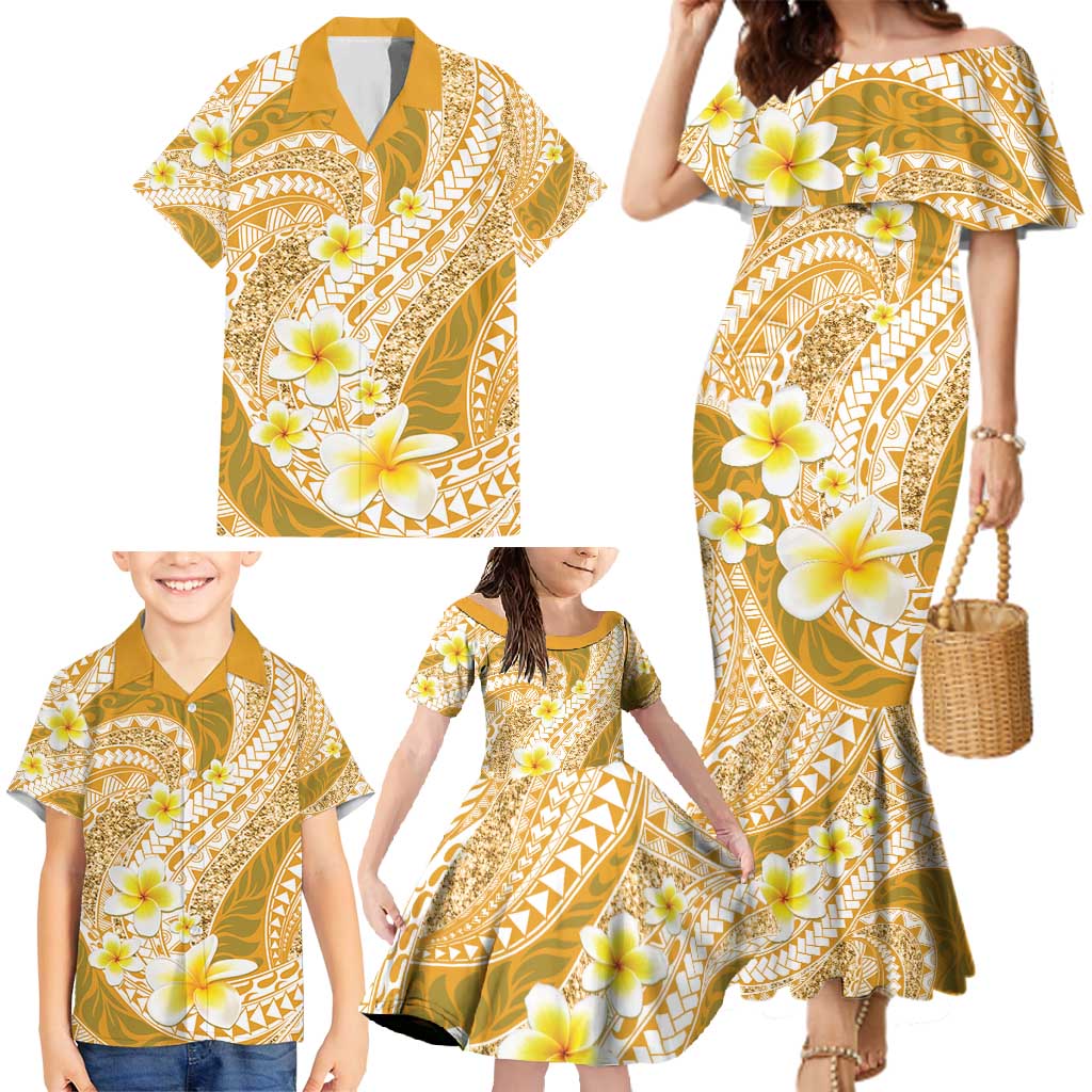 Plumeria Polynesian Gold Glitter Pattern Family Matching Mermaid Dress and Hawaiian Shirt LT01 - Polynesian Pride