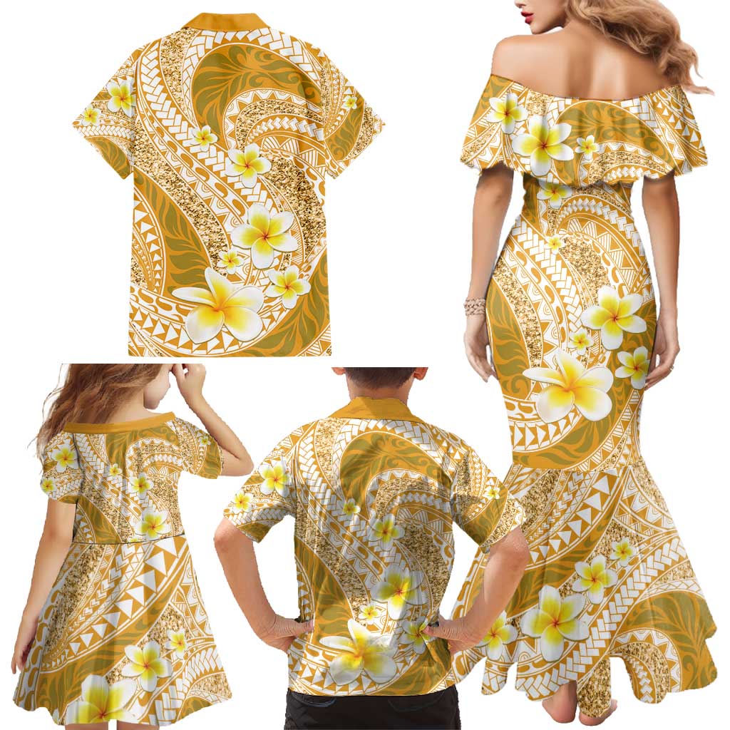 Plumeria Polynesian Gold Glitter Pattern Family Matching Mermaid Dress and Hawaiian Shirt LT01 - Polynesian Pride