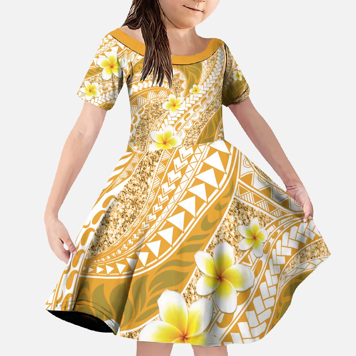 Plumeria Polynesian Gold Glitter Pattern Family Matching Off The Shoulder Long Sleeve Dress and Hawaiian Shirt LT01 Daughter's Dress Gold - Polynesian Pride
