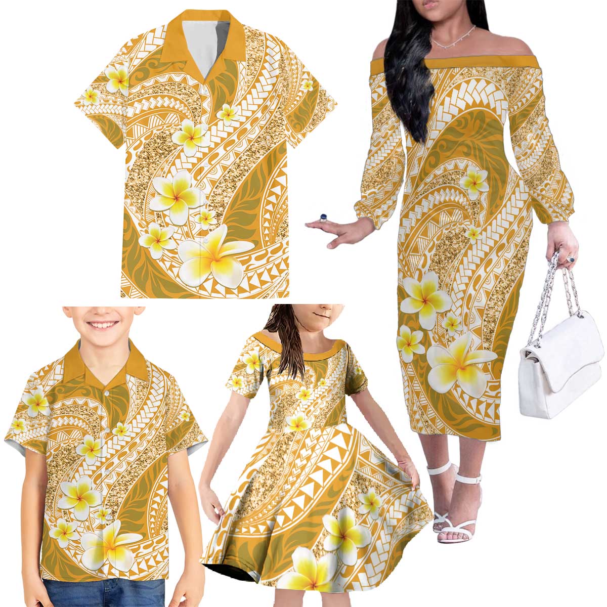 Plumeria Polynesian Gold Glitter Pattern Family Matching Off The Shoulder Long Sleeve Dress and Hawaiian Shirt LT01 - Polynesian Pride