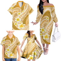 Plumeria Polynesian Gold Glitter Pattern Family Matching Off The Shoulder Long Sleeve Dress and Hawaiian Shirt LT01 - Polynesian Pride