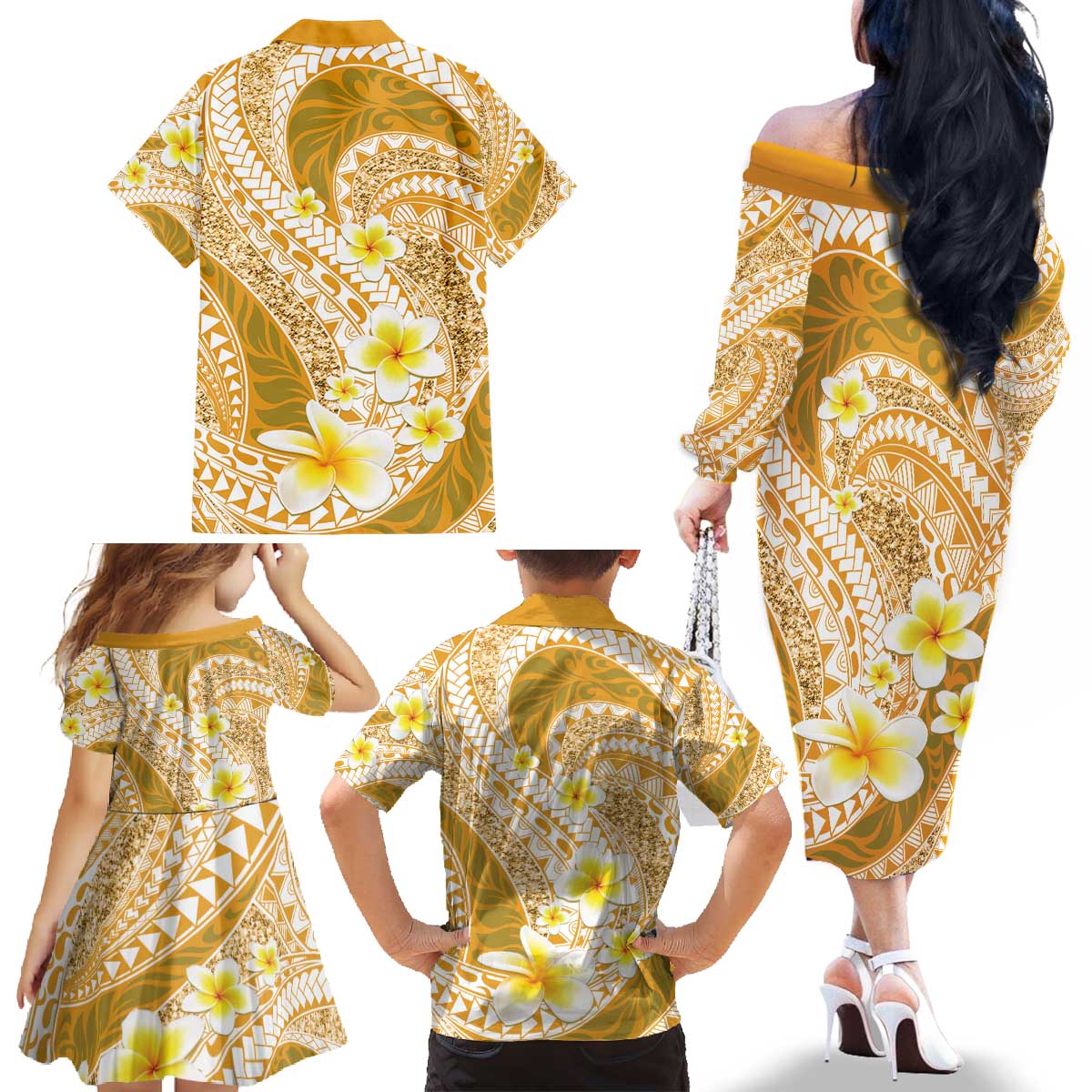 Plumeria Polynesian Gold Glitter Pattern Family Matching Off The Shoulder Long Sleeve Dress and Hawaiian Shirt LT01 - Polynesian Pride