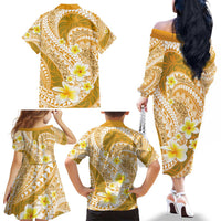 Plumeria Polynesian Gold Glitter Pattern Family Matching Off The Shoulder Long Sleeve Dress and Hawaiian Shirt LT01 - Polynesian Pride