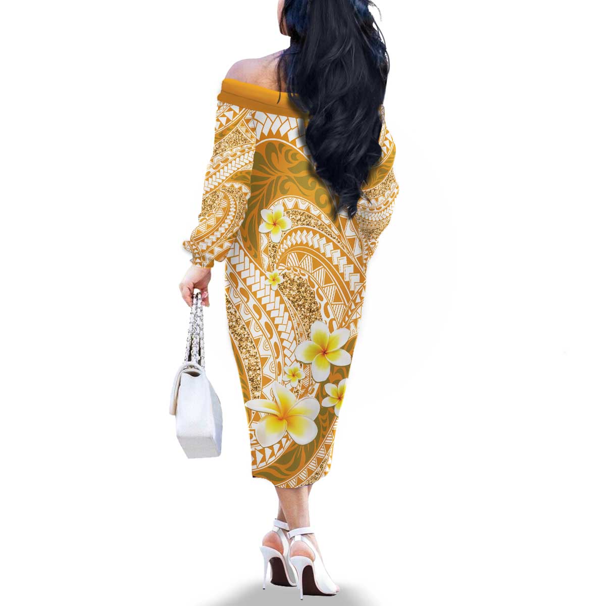 Plumeria Polynesian Gold Glitter Pattern Family Matching Off The Shoulder Long Sleeve Dress and Hawaiian Shirt LT01 - Polynesian Pride