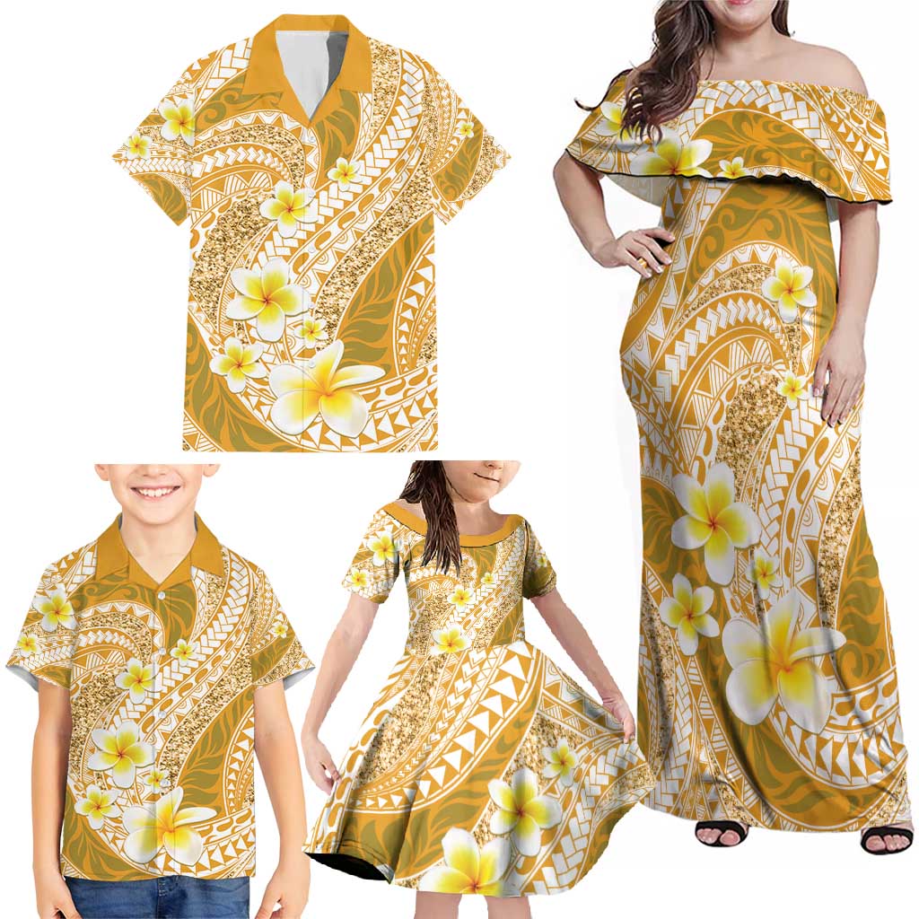 Plumeria Polynesian Gold Glitter Pattern Family Matching Off Shoulder Maxi Dress and Hawaiian Shirt LT01 - Polynesian Pride