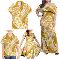 Plumeria Polynesian Gold Glitter Pattern Family Matching Off Shoulder Maxi Dress and Hawaiian Shirt LT01 - Polynesian Pride