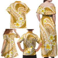 Plumeria Polynesian Gold Glitter Pattern Family Matching Off Shoulder Maxi Dress and Hawaiian Shirt LT01 - Polynesian Pride