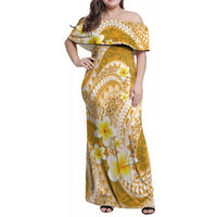 Plumeria Polynesian Gold Glitter Pattern Family Matching Off Shoulder Maxi Dress and Hawaiian Shirt LT01 Mom's Dress Gold - Polynesian Pride