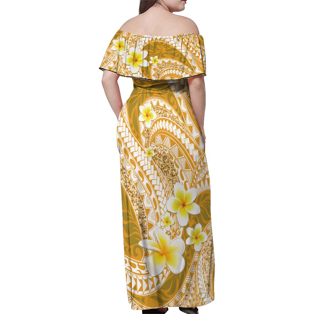 Plumeria Polynesian Gold Glitter Pattern Family Matching Off Shoulder Maxi Dress and Hawaiian Shirt LT01 - Polynesian Pride