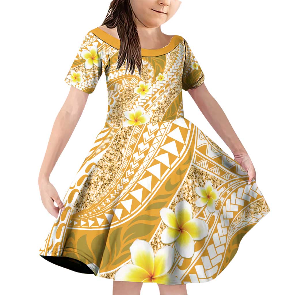 Plumeria Polynesian Gold Glitter Pattern Family Matching Off Shoulder Short Dress and Hawaiian Shirt LT01 Daughter's Dress Gold - Polynesian Pride