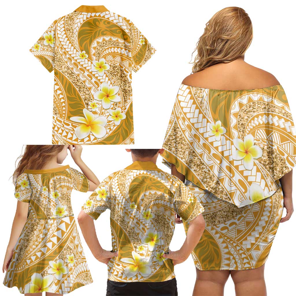 Plumeria Polynesian Gold Glitter Pattern Family Matching Off Shoulder Short Dress and Hawaiian Shirt LT01 - Polynesian Pride
