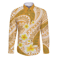 Plumeria Polynesian Gold Glitter Pattern Family Matching Off Shoulder Short Dress and Hawaiian Shirt LT01 Dad's Shirt - Long Sleeve Gold - Polynesian Pride