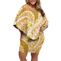 Plumeria Polynesian Gold Glitter Pattern Family Matching Off Shoulder Short Dress and Hawaiian Shirt LT01 Mom's Dress Gold - Polynesian Pride