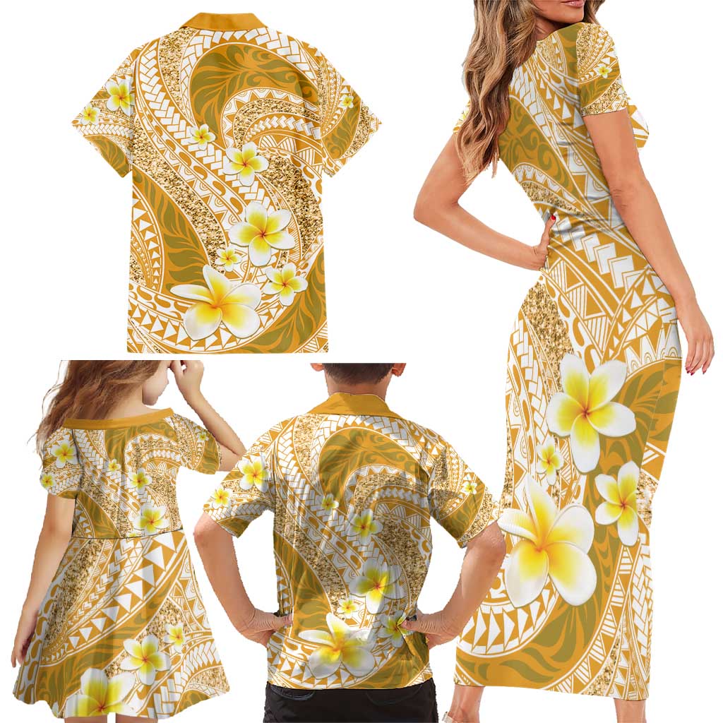 Plumeria Polynesian Gold Glitter Pattern Family Matching Short Sleeve Bodycon Dress and Hawaiian Shirt LT01 - Polynesian Pride