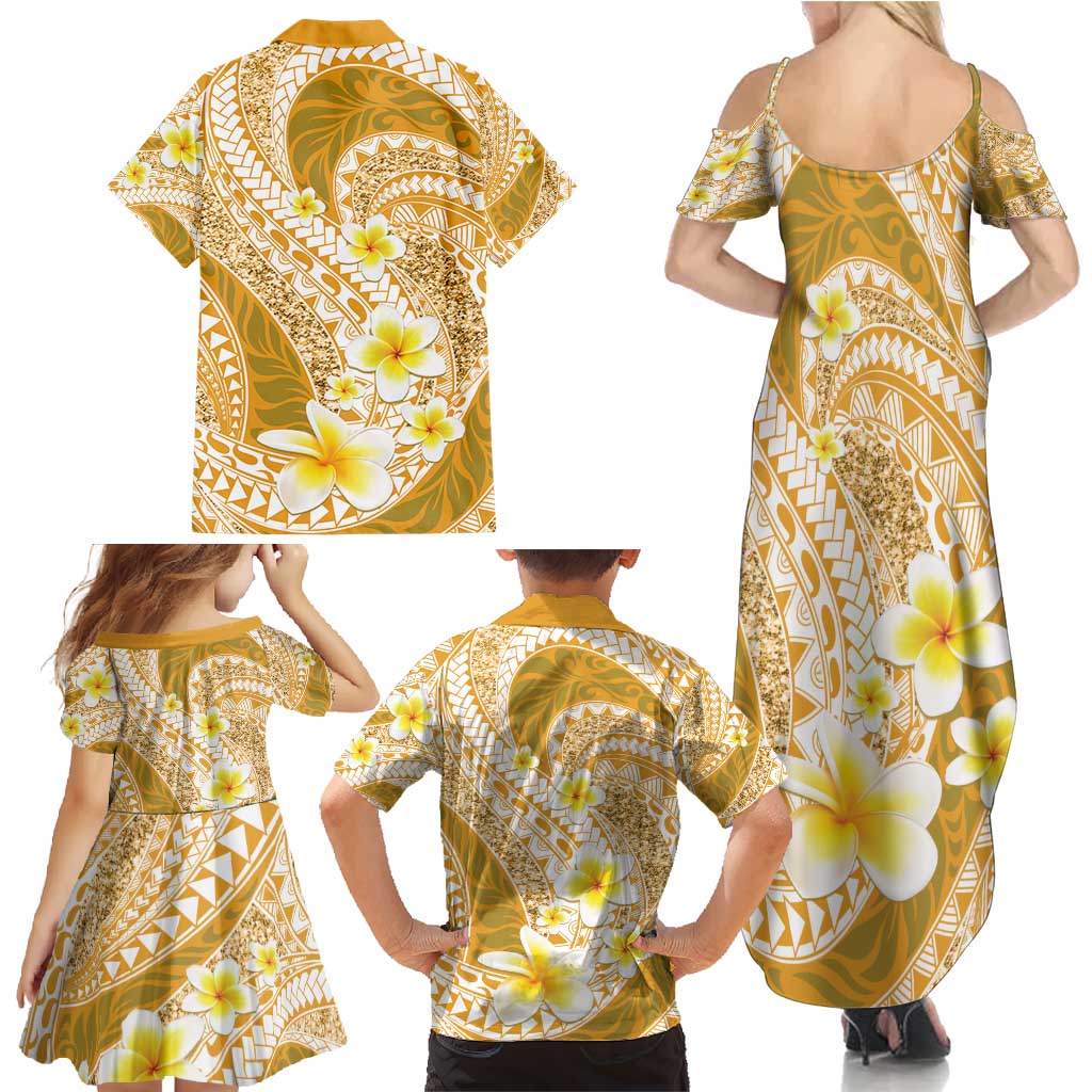Plumeria Polynesian Gold Glitter Pattern Family Matching Summer Maxi Dress and Hawaiian Shirt LT01 - Polynesian Pride