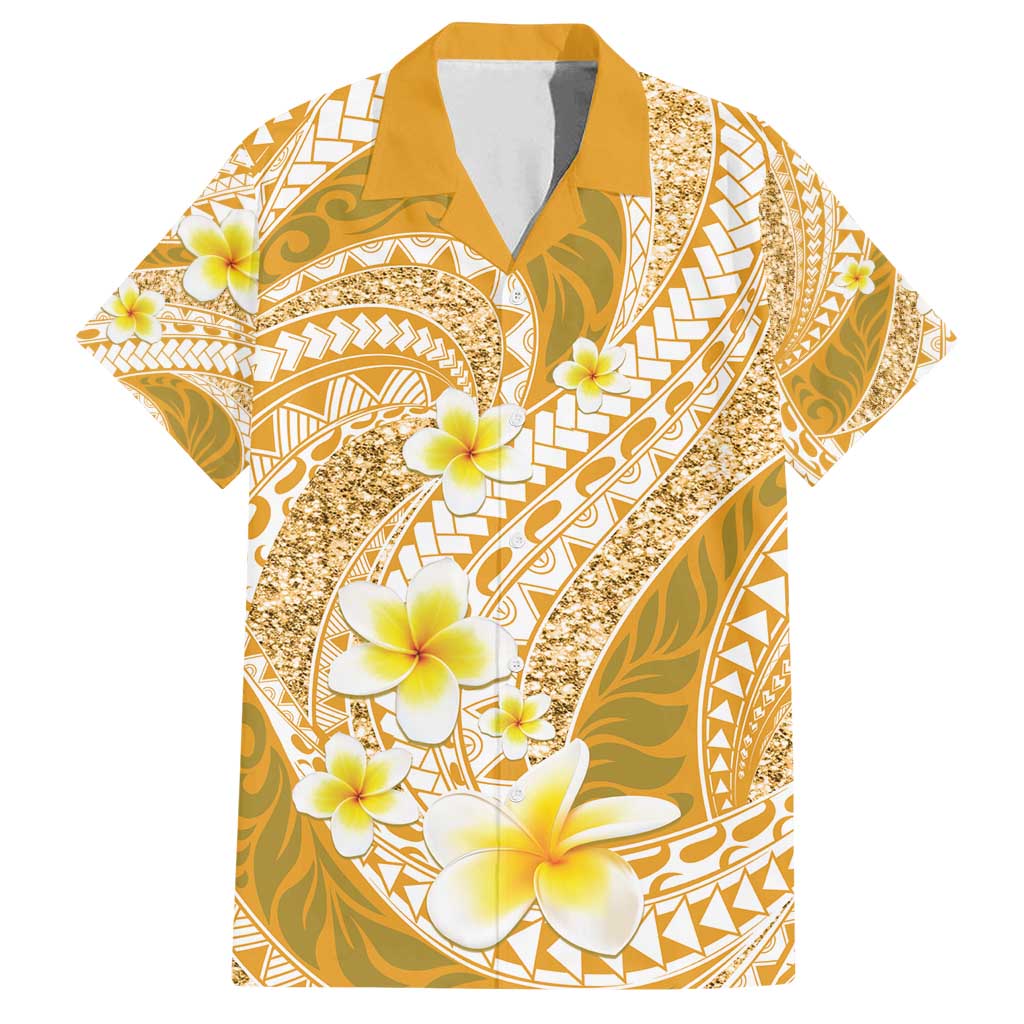 Plumeria Polynesian Gold Glitter Pattern Family Matching Tank Maxi Dress and Hawaiian Shirt LT01 Dad's Shirt - Short Sleeve Gold - Polynesian Pride
