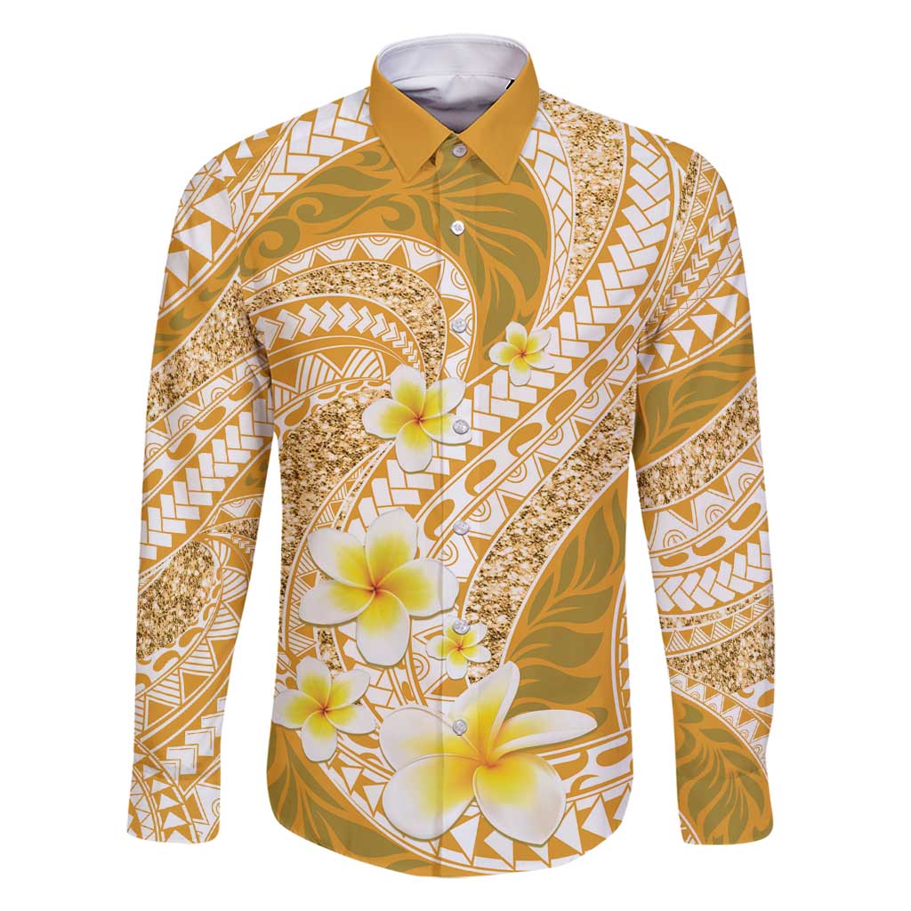 Plumeria Polynesian Gold Glitter Pattern Family Matching Tank Maxi Dress and Hawaiian Shirt LT01 Dad's Shirt - Long Sleeve Gold - Polynesian Pride