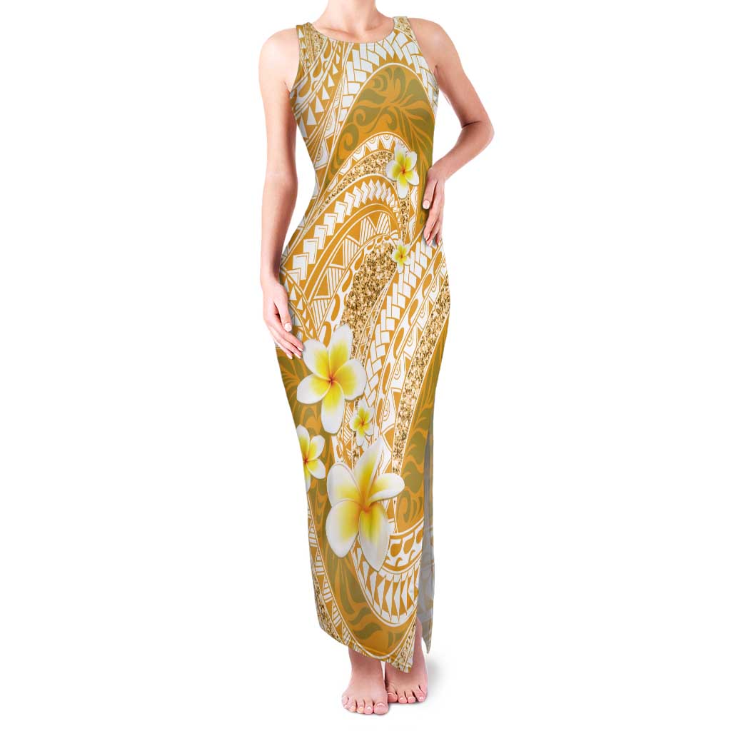 Plumeria Polynesian Gold Glitter Pattern Family Matching Tank Maxi Dress and Hawaiian Shirt LT01 Mom's Dress Gold - Polynesian Pride