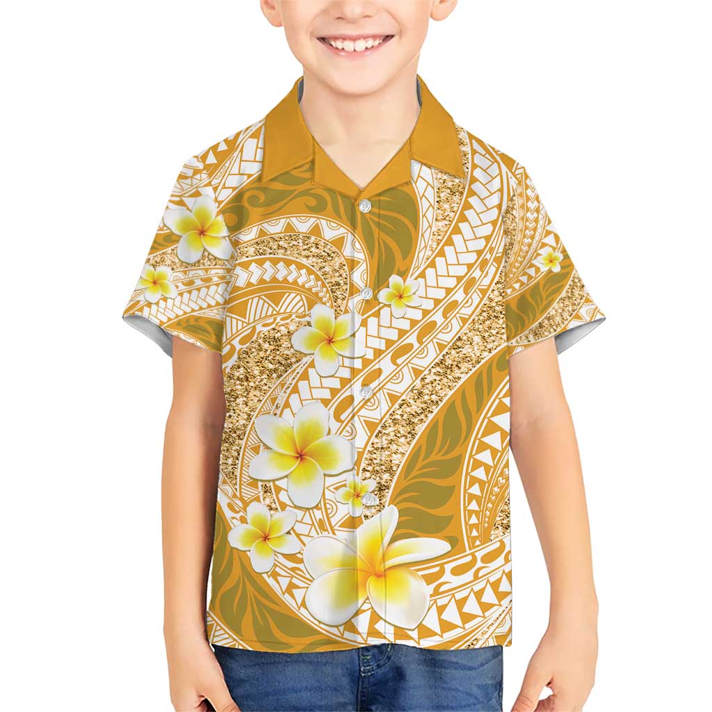 Plumeria Polynesian Gold Glitter Pattern Kid Hawaiian Shirt LT01 Kid Gold - Polynesian Pride