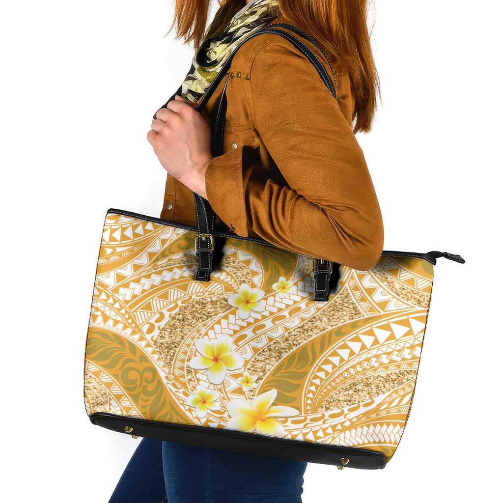 Plumeria Polynesian Gold Glitter Pattern Leather Tote Bag LT01 Gold - Polynesian Pride