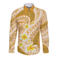 Plumeria Polynesian Gold Glitter Pattern Long Sleeve Button Shirt