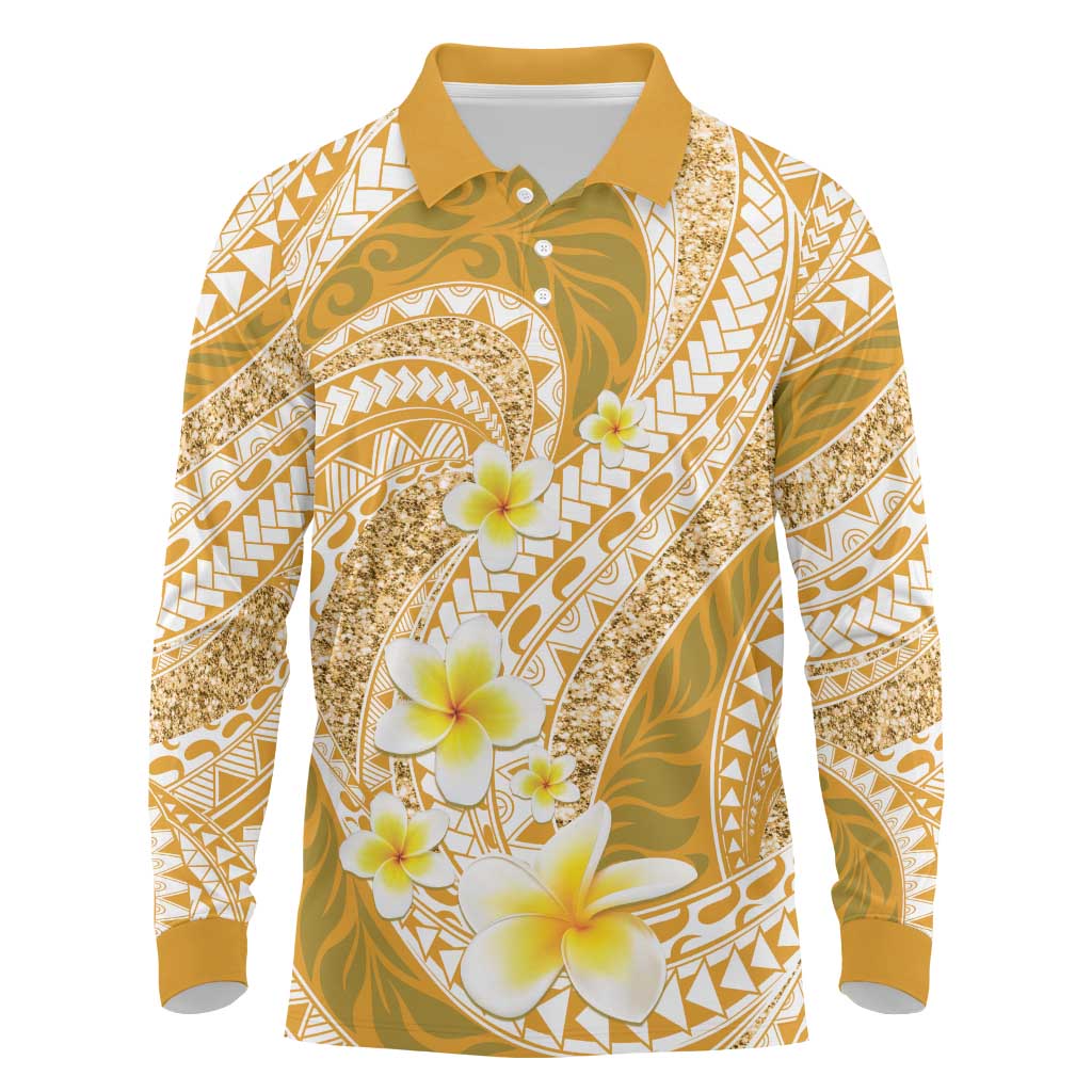 Plumeria Polynesian Gold Glitter Pattern Long Sleeve Polo Shirt LT01 Gold - Polynesian Pride