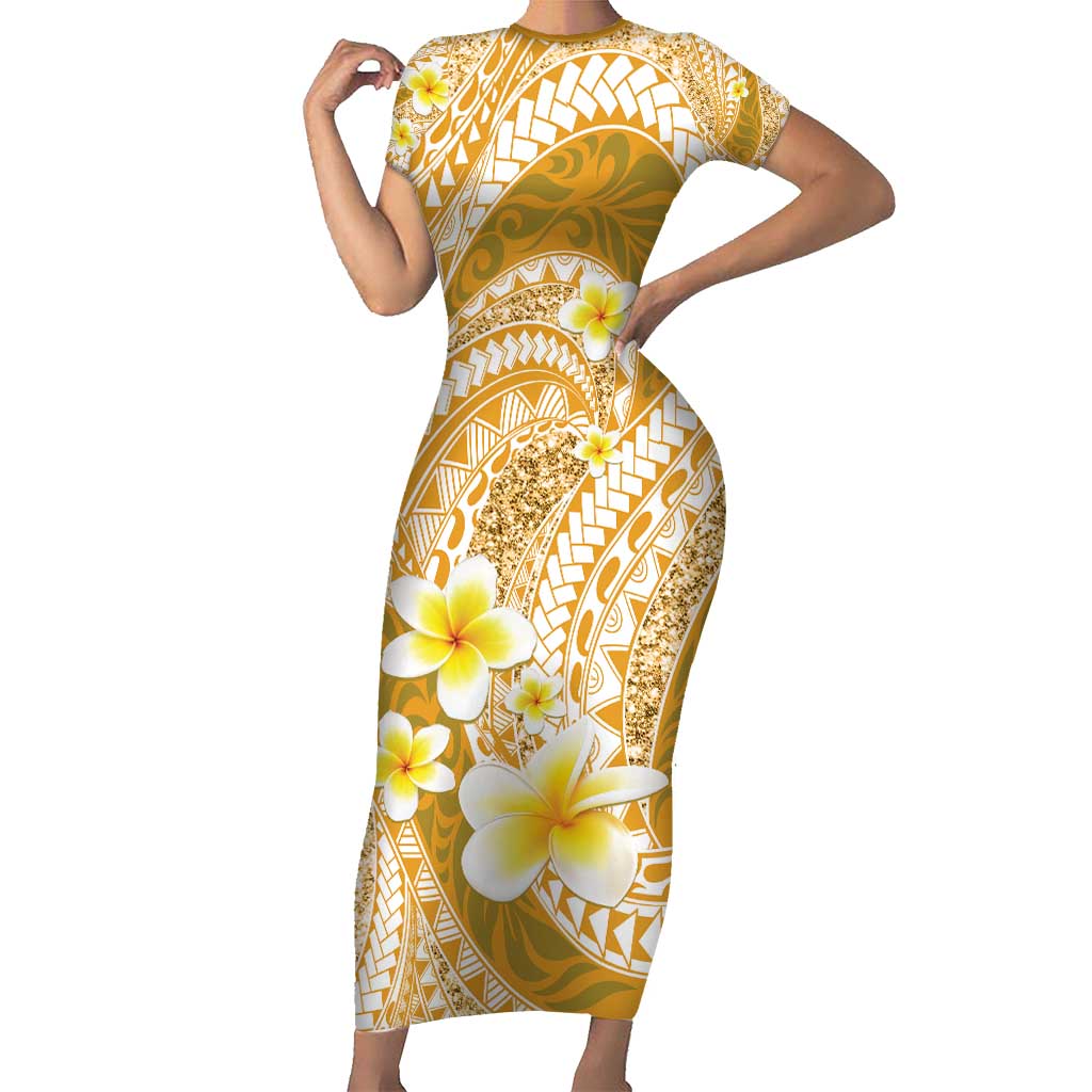 Plumeria Polynesian Gold Glitter Pattern Short Sleeve Bodycon Dress LT01 Long Dress Gold - Polynesian Pride