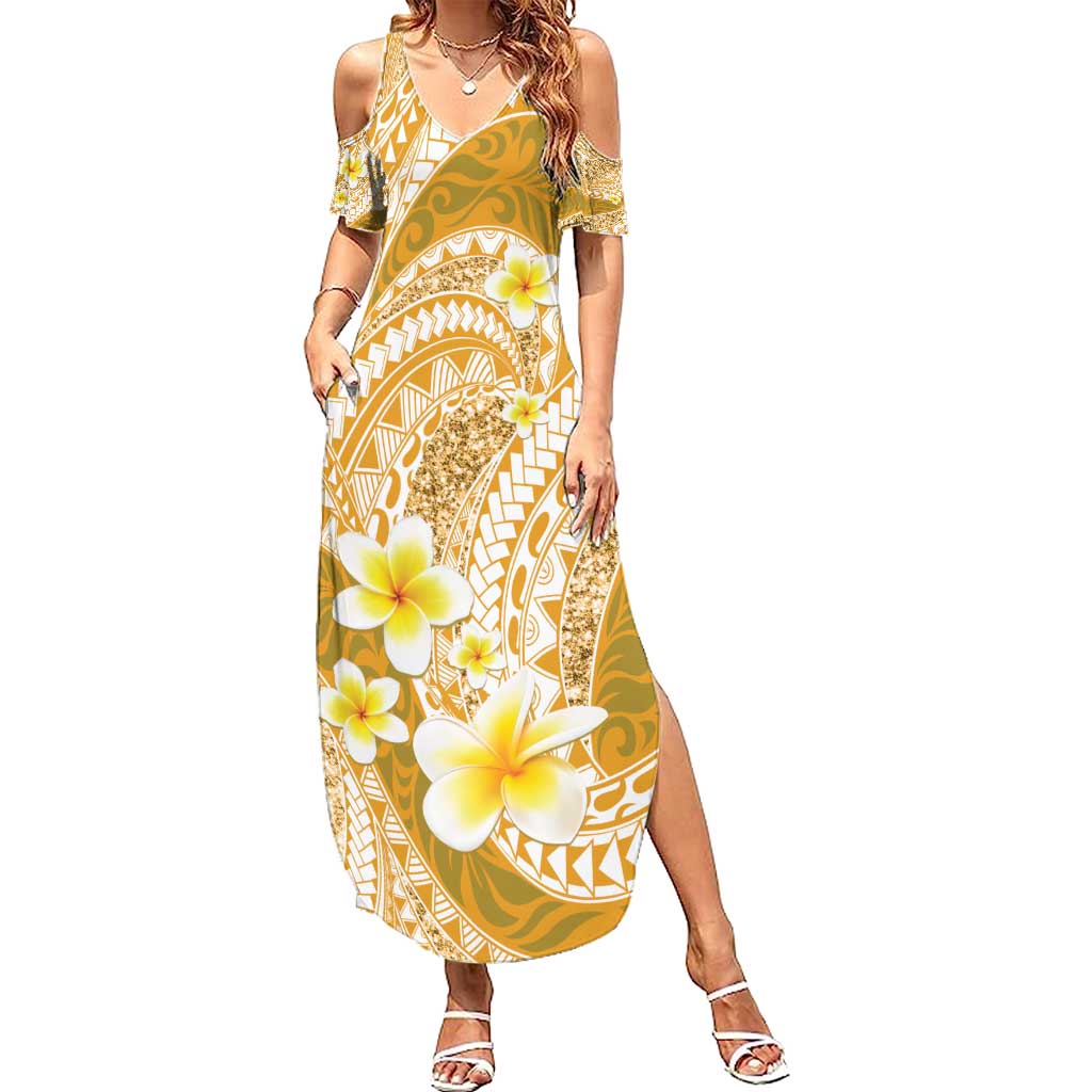 Plumeria Polynesian Gold Glitter Pattern Summer Maxi Dress