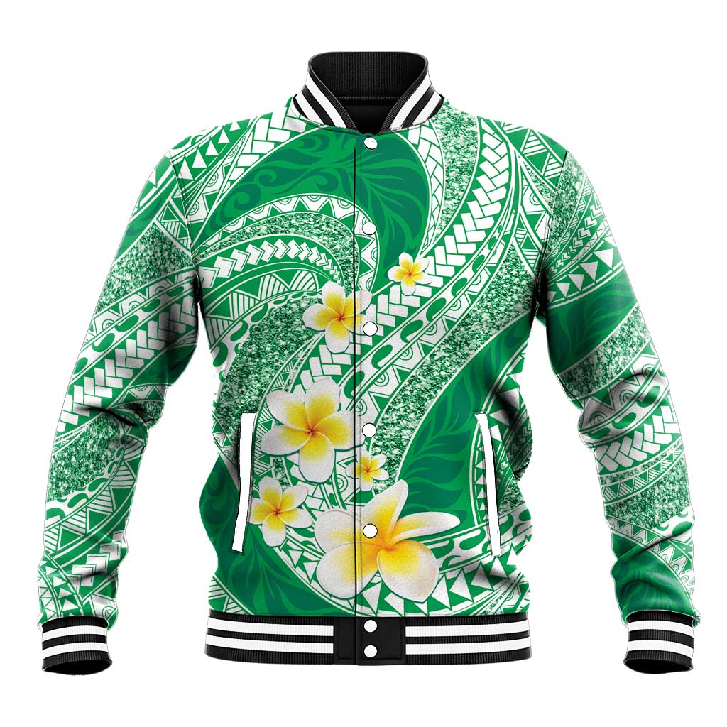 Plumeria Polynesian Green Glitter Pattern Baseball Jacket