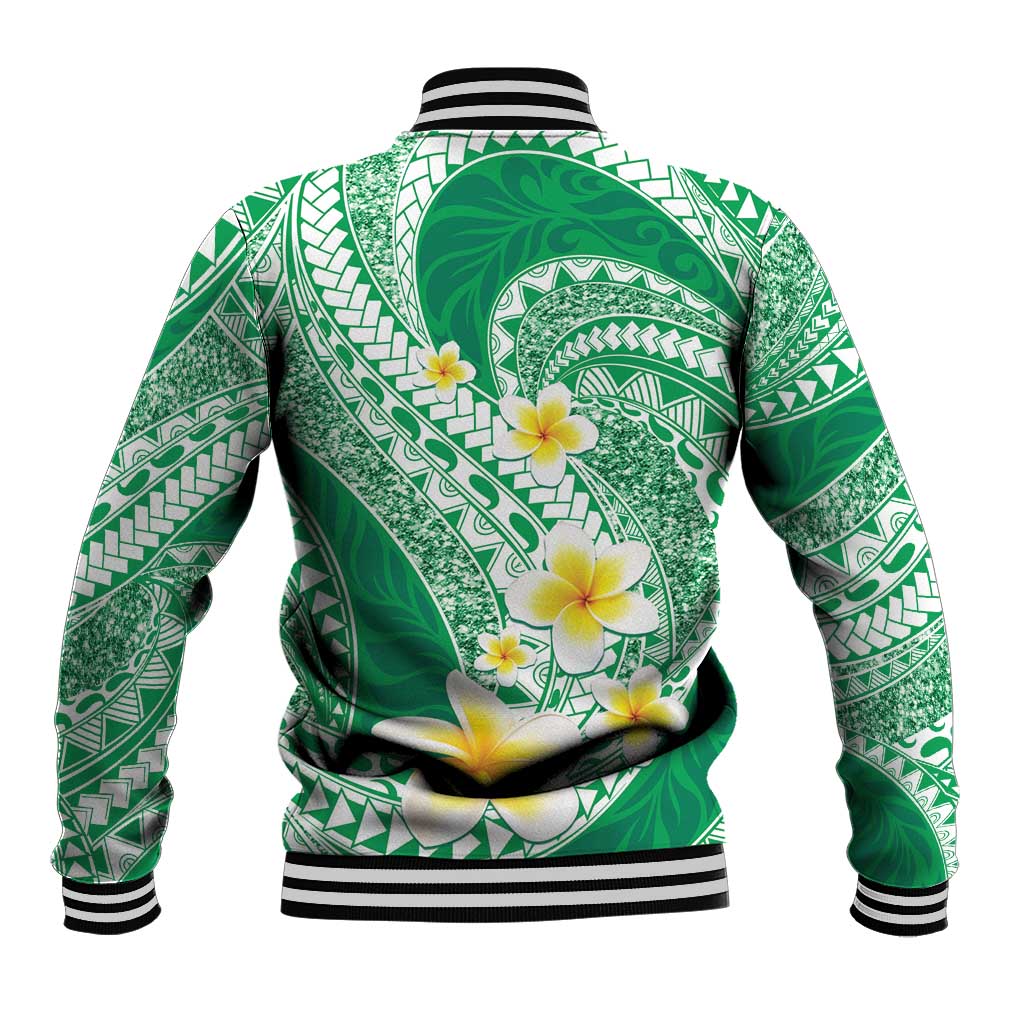 Plumeria Polynesian Green Glitter Pattern Baseball Jacket