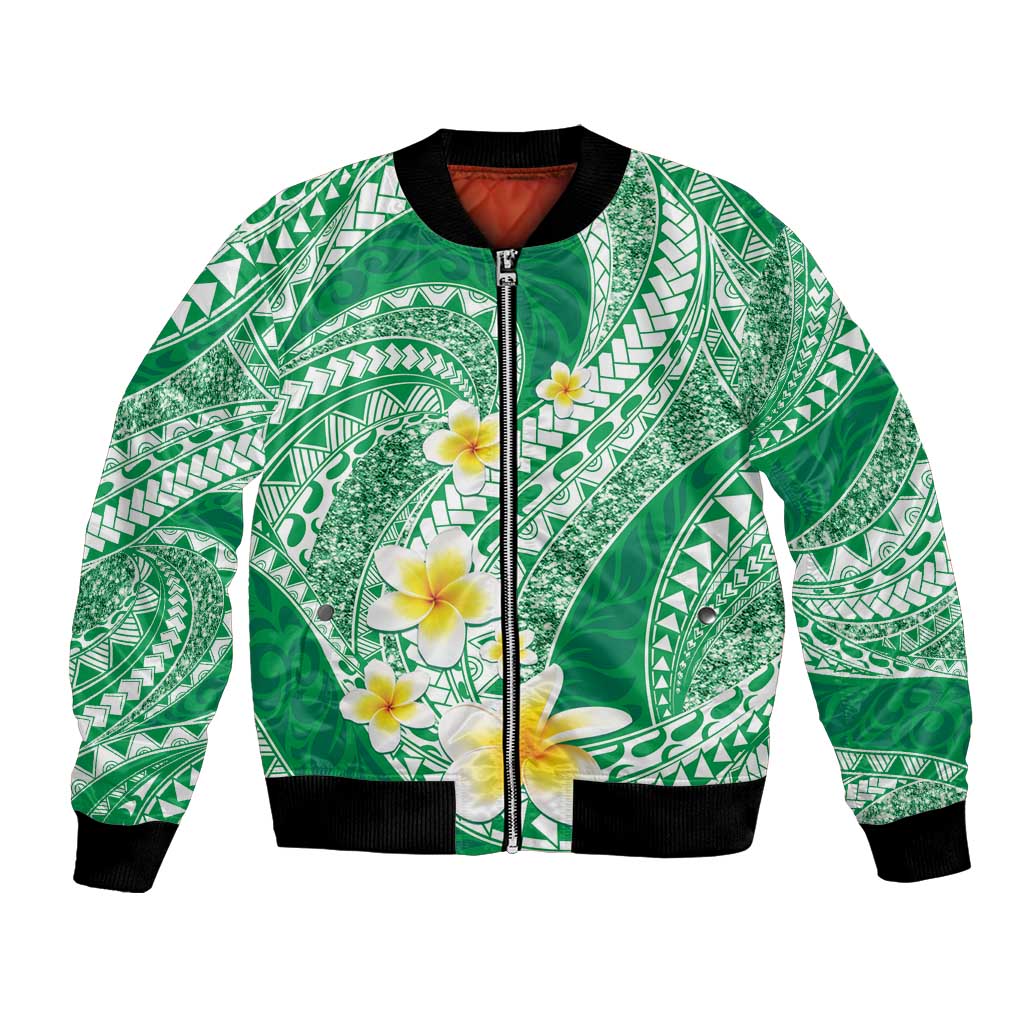 Plumeria Polynesian Green Glitter Pattern Bomber Jacket LT01 Unisex Green - Polynesian Pride